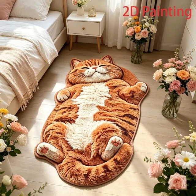 Cute Cartoon Cat Shaped Rug Soft Plush Bedroom Bedside Floor Mat