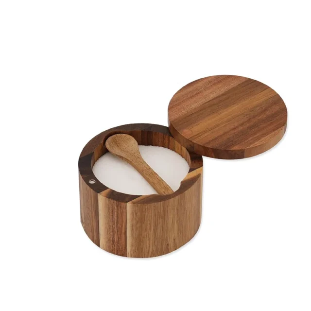 Acacia Wood Salt Pepper Bowl Box Lid Spoon Cellar