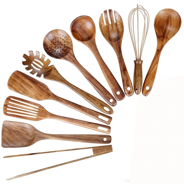 Lmetjma Natural Teak Wooden Kitchen Utensil Set Spoons Spatula 10 Pack