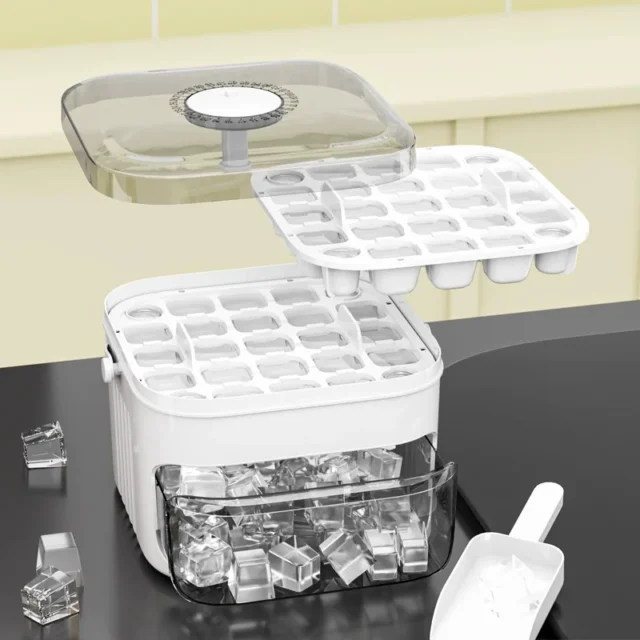 Compact Double Layer Ice Cube Tray Lid and Bin Pull