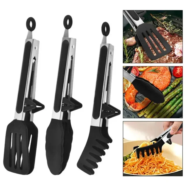 Silicone Kitchen Cooking Tongs Set Stainless Steel Nonstick Food Non Slip