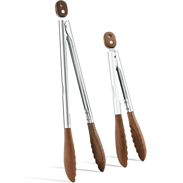 Lmetjma Wooden Kitchen Cooking Tongs Stainless Steel Tips Long Handle